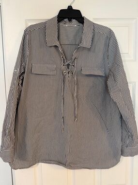 Calvin Klein Black and White Striped Lace-Up Collared Blouse